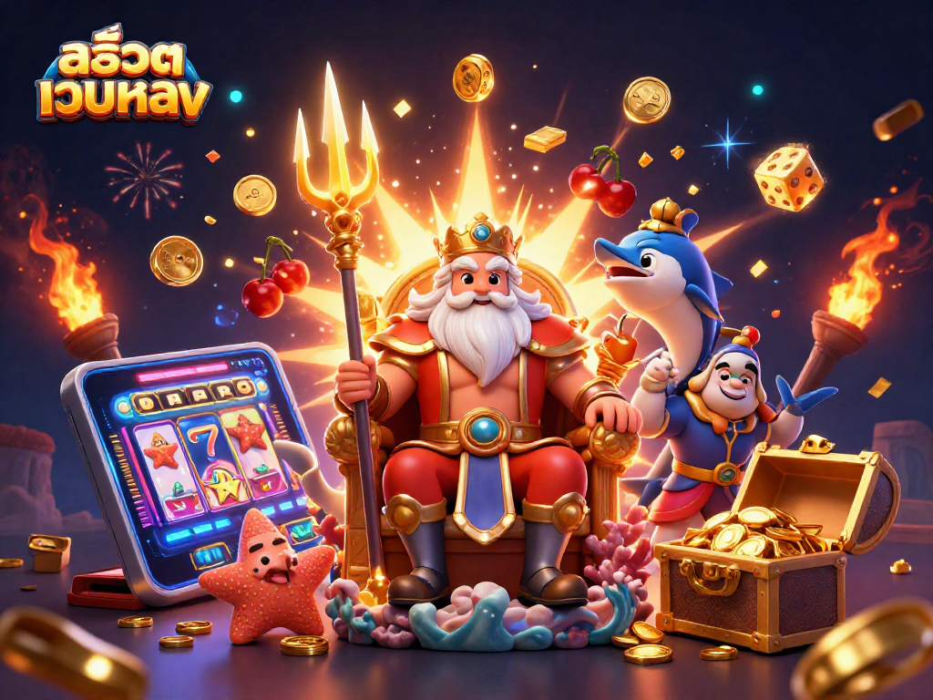 Experience thrilling สล็อตเว็บตรง action with Neptune and lucky symbols in a festive 3D scene.