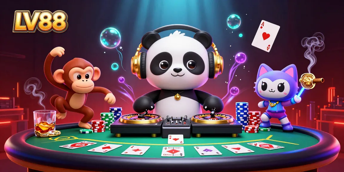 Experience thrilling gambling action with LV88's vibrant 3D casino characters in a dynamic gaming scene.