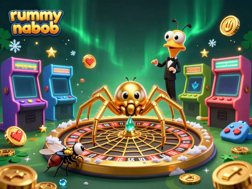 Rummy Nabob menampilkan ilustrasi luar biasa permainan kasino dengan fokus pada karakter menarik dan elemen permainan