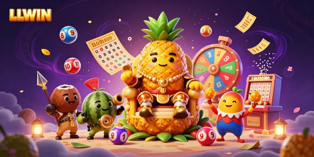 Engage with vibrant LLWIN slot adventures featuring a golden pineapple king and dazzling game elements.