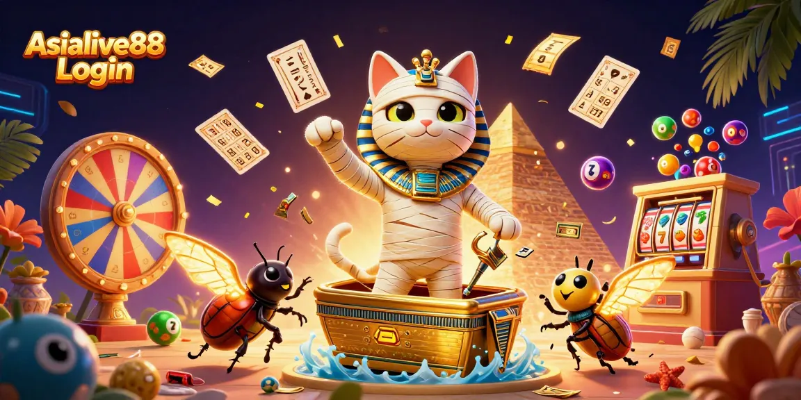 Engage with Asialive88 Login as a mummy cat emerges triumphantly in a pyramid casino.