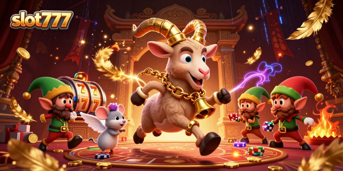 Experience thrilling fun at slot777 with Krampus and mischievous gremlins in a lively casino scene.