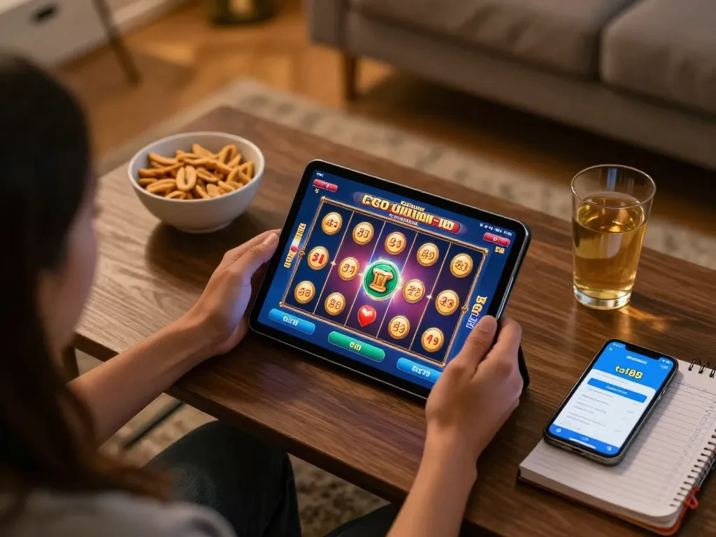 Player engaging in to188 online slots from the comfort of home, showcasing tablet gameplay.