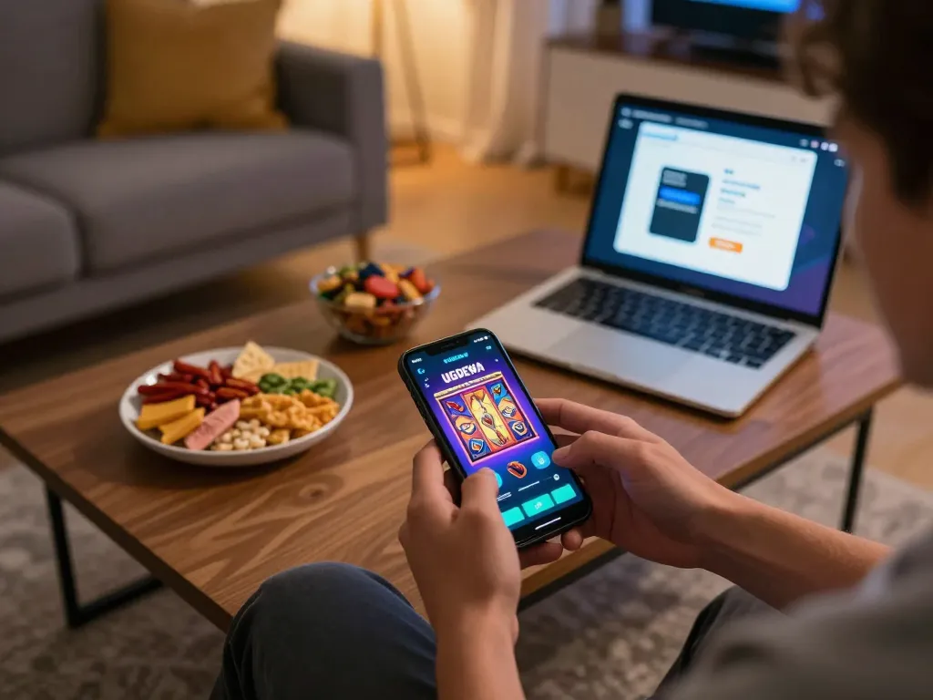 Engaging mobile gaming experience with UGDEWA app displayed on smartphone in a cozy living room setting