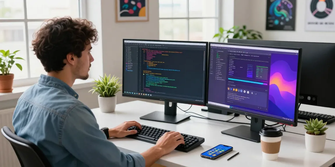 Interesanteng workspace ng software development sa bd188 na may mga monitor, laptop, at tasa ng kape.