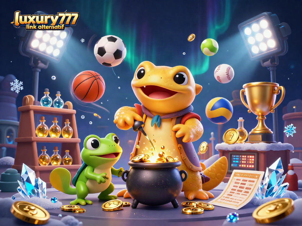 luxury777 link alternatif untuk memenangkan taruhan olahraga dengan trofi emas dan bola olahraga dinamis