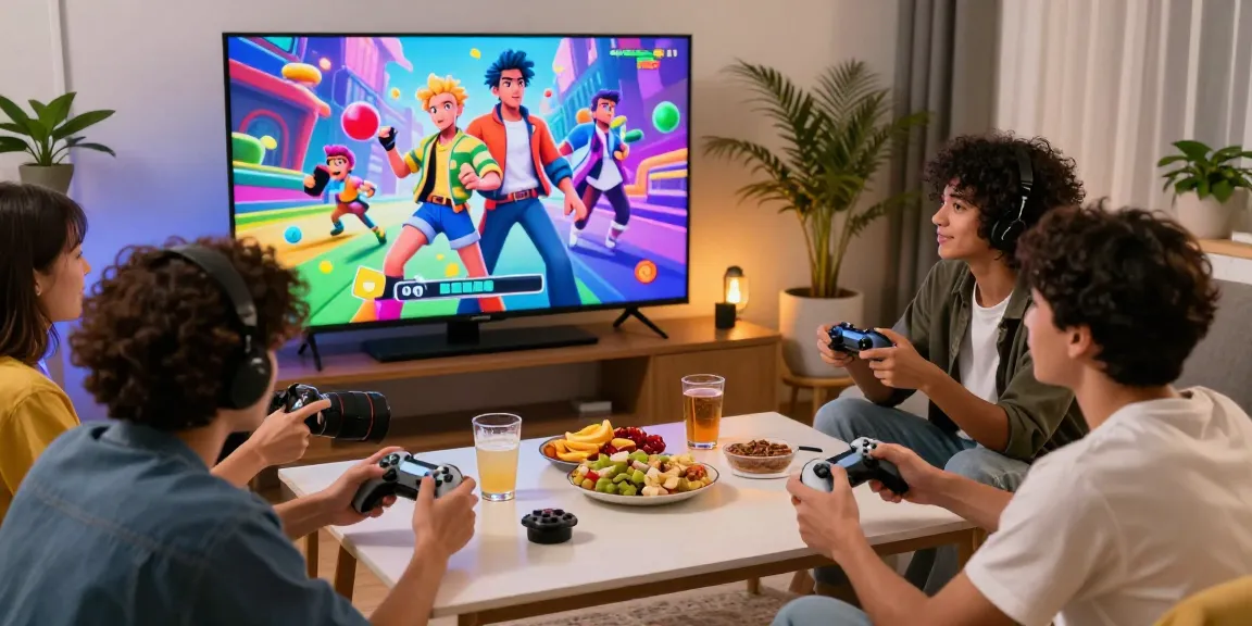 Exciting gaming scene with friends enjoying a gay hentai game in a cozy living room setting