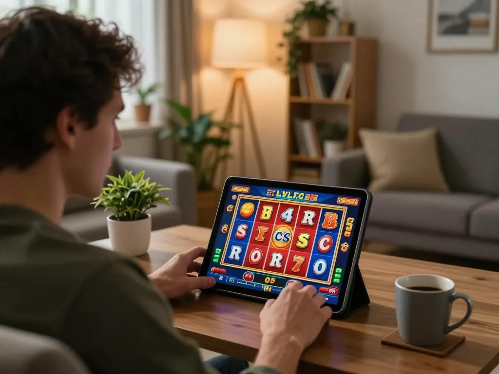 Engaging in online slots gaming, player enjoying situs slot in cozy home atmosphere with vibrant displays