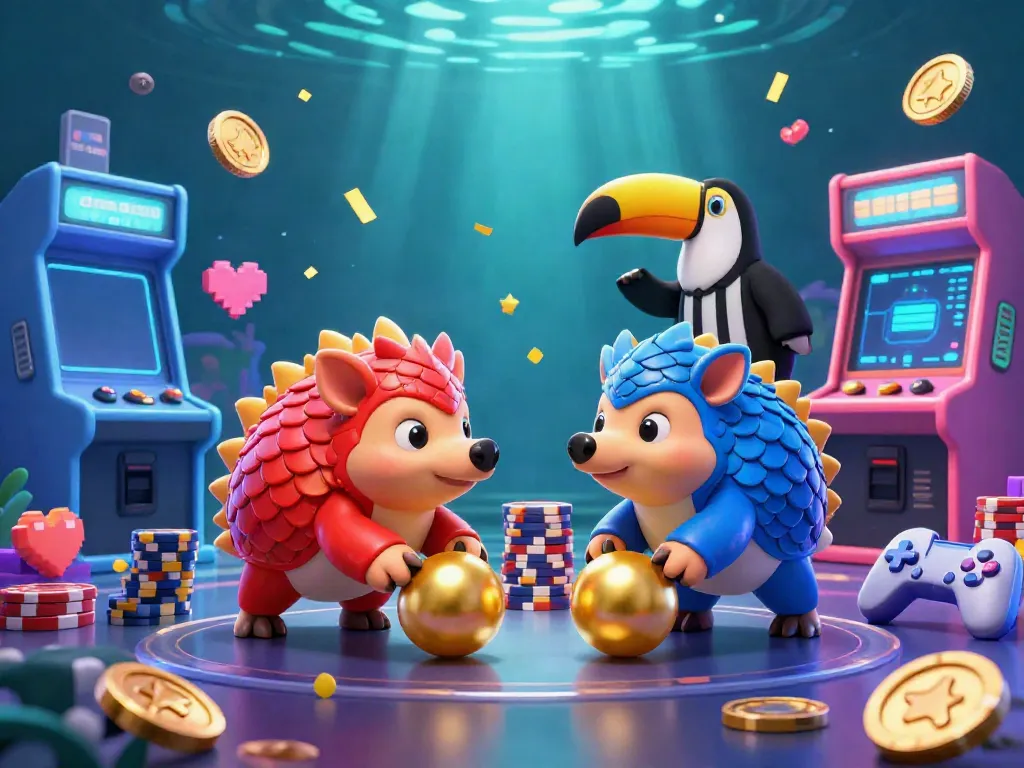 Engage in thrilling online casino gaming with cartoon pangolins, poker chips, and vibrant arcade elements.