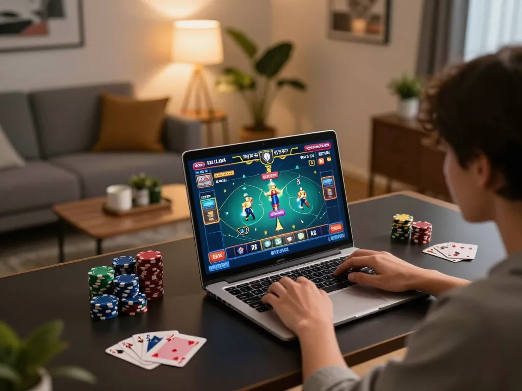 Engaging in online gambling at home with Sun Win, showcasing vibrant gameplay and strategic poker.