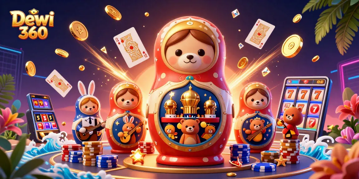 Mengalami keseruan bermain slot dengan Dewi 360, menampilkan beruang Matryoshka dan elemen kasino yang menarik.