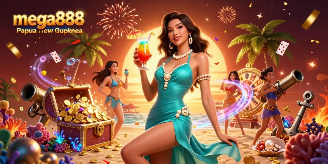 Play mega888 Papua New Guinea, featuring stunning visuals and vibrant casino elements in a tropical setting.
