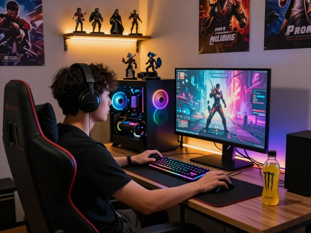 Gamer immersed in porngames with vibrant RGB setup and collectibles.