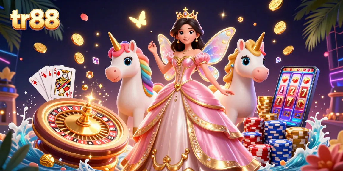 Experience thrilling gameplay at tr88 with a glamorous princess, golden unicorn, and sparkling casino elements.