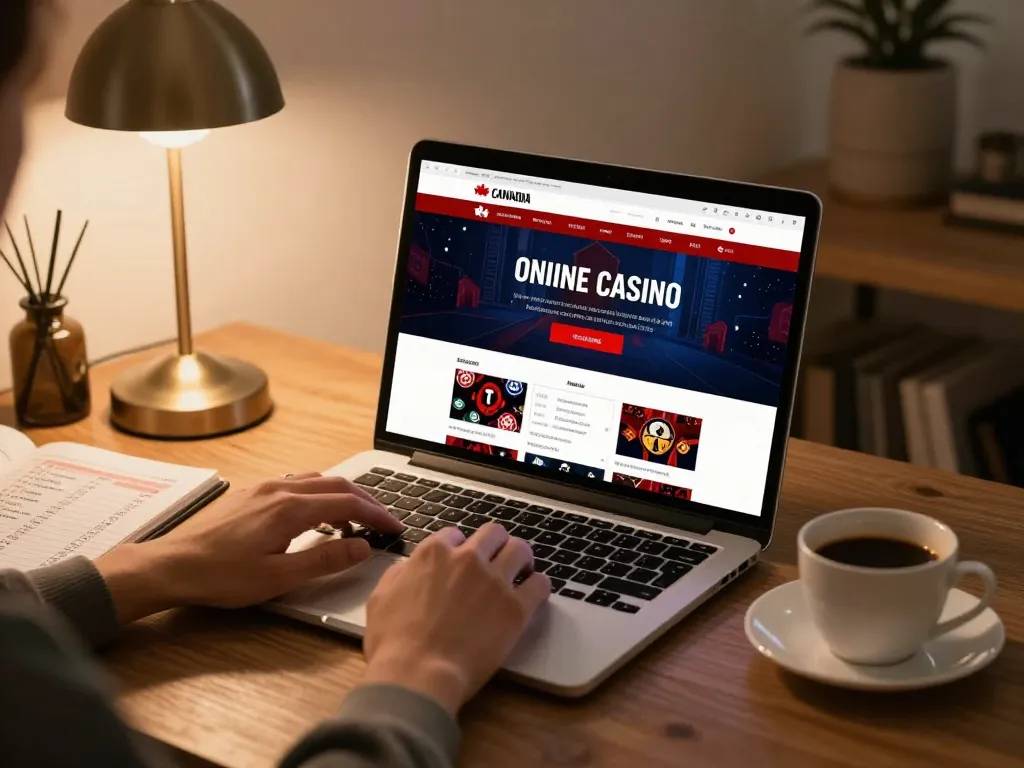 Engaging gameplay at Canadian online casinos showcased on a cozy home desk.