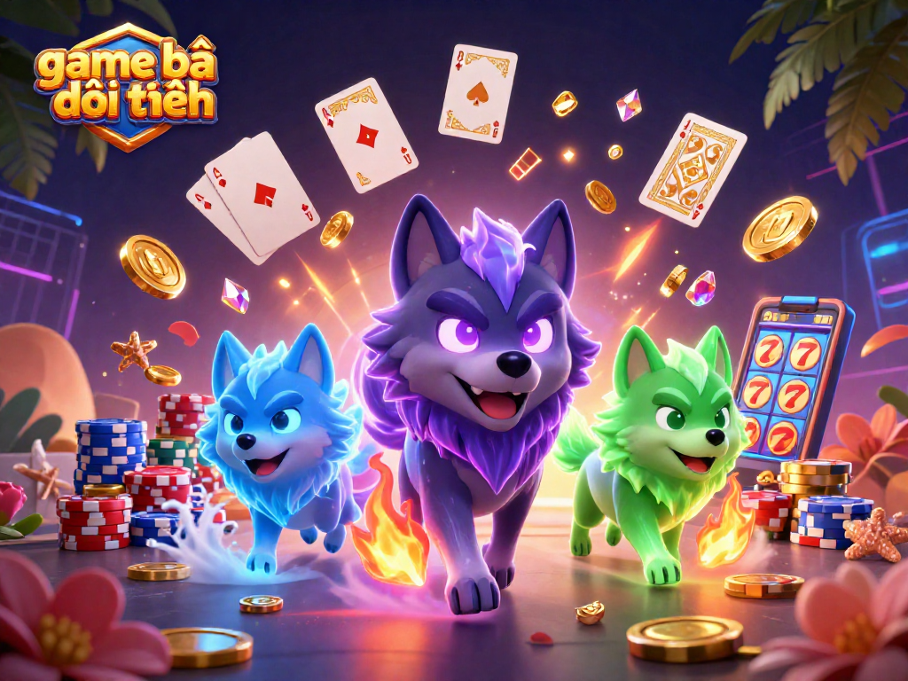 Engage with game bài đổi thưởng featuring ghostly wolves amidst cascading coins and vibrant casino elements.