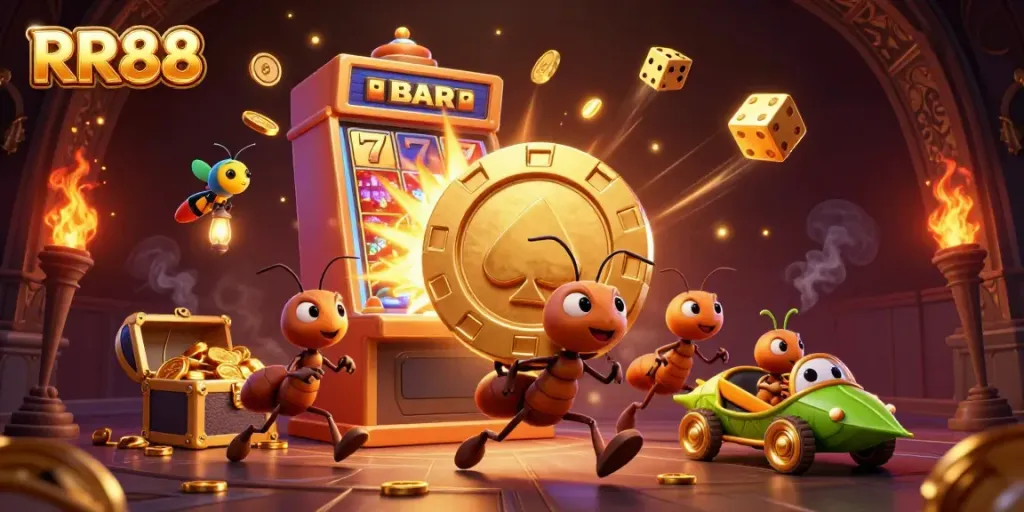 Experience the thrilling RR88 heist as ants carry a giant golden poker chip through a casino-inspired scene.
