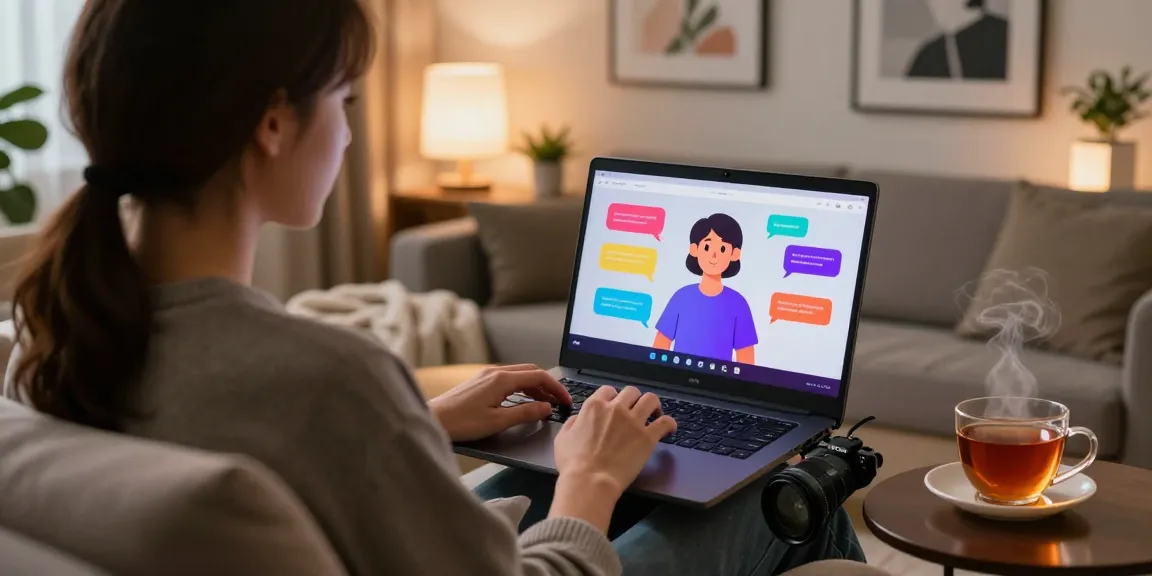 User enjoying a hentai ai chat experience on a laptop in a cozy environment with ambient lighting.