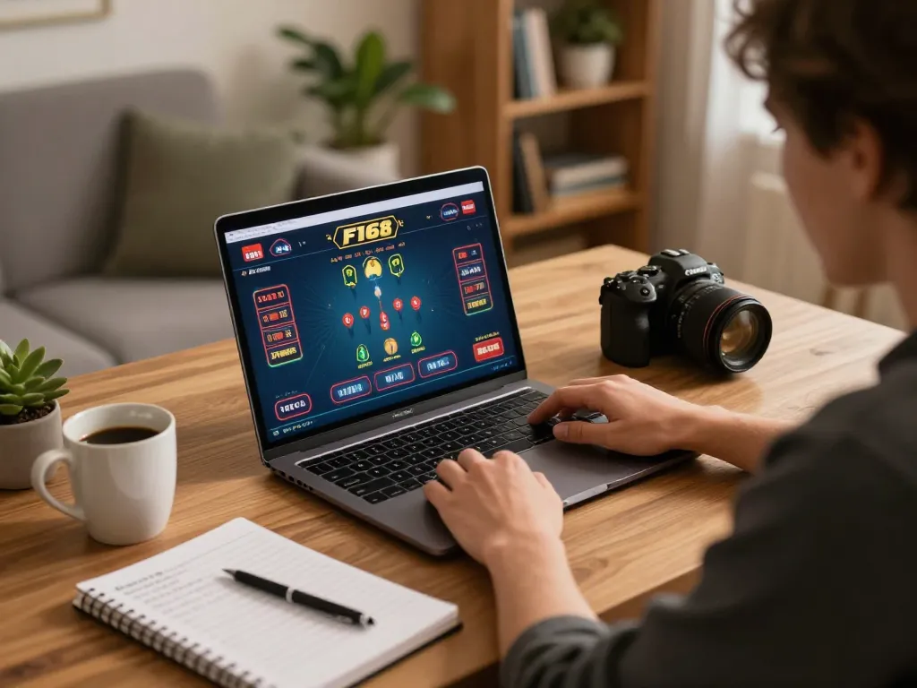 Player engaging with the F168 live dealer casino game on a laptop, showcasing strategic gameplay in a cozy home setting