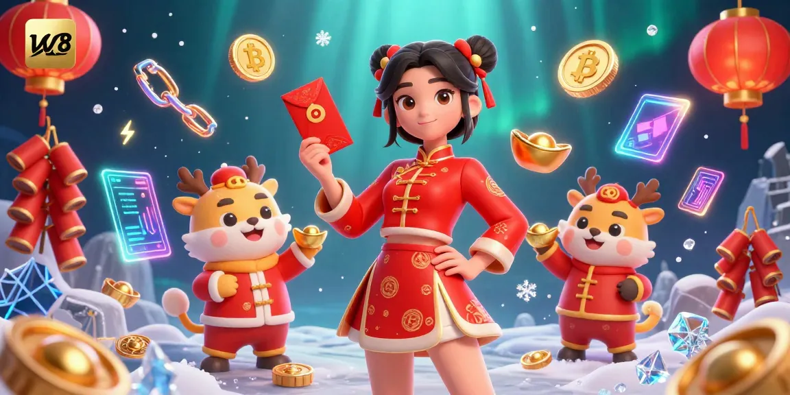 Win88 casino illustration featuring Asian woman in Lunar New Year outfit celebrating with gold ingots, digital coins, and vibrant symbols.
