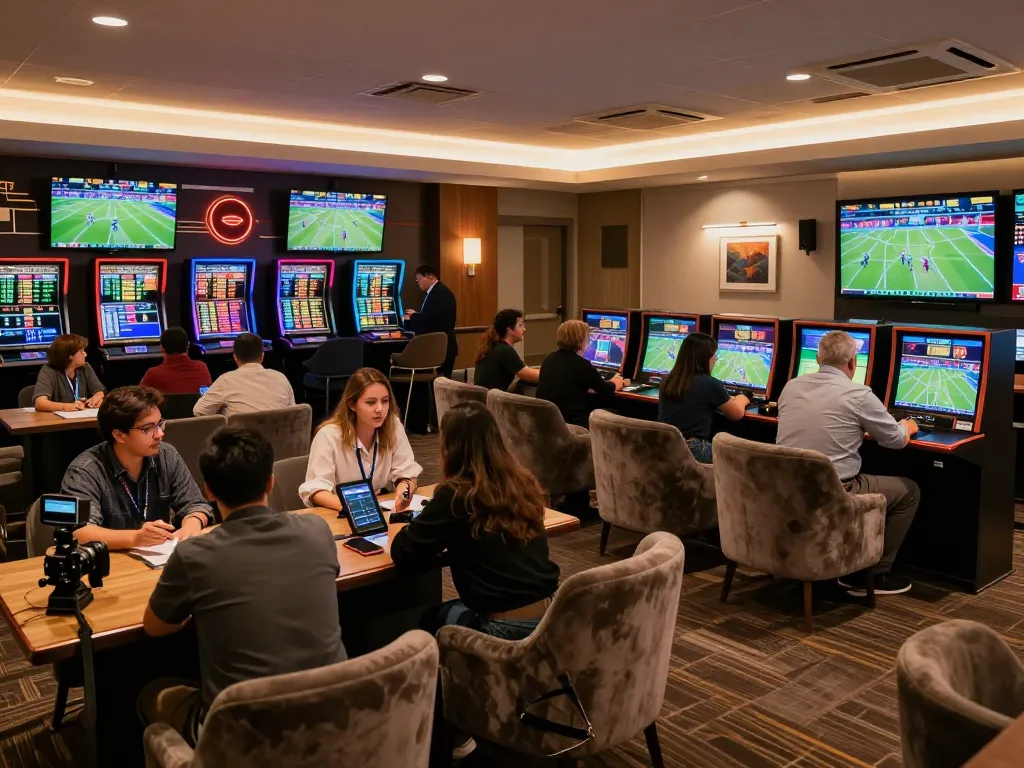 FB88 sports betting lounge featuring excited customers and live game screens.