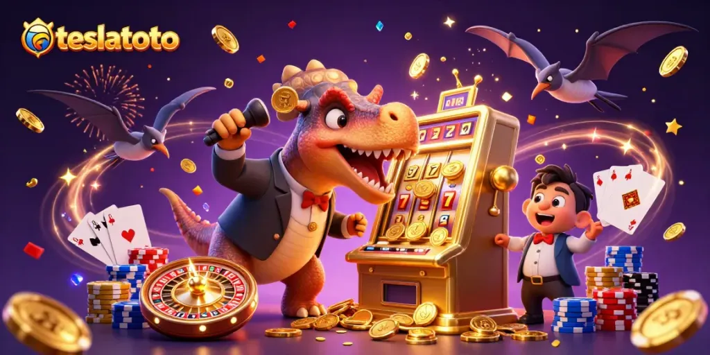 Experience the excitement of teslatoto as a dinosaur battles a slot machine for jackpot coins!