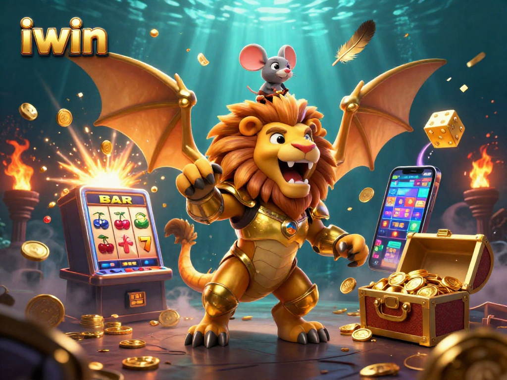 Experience lively wins with iwin in this vibrant slot machine scene featuring golden creatures and game symbols.