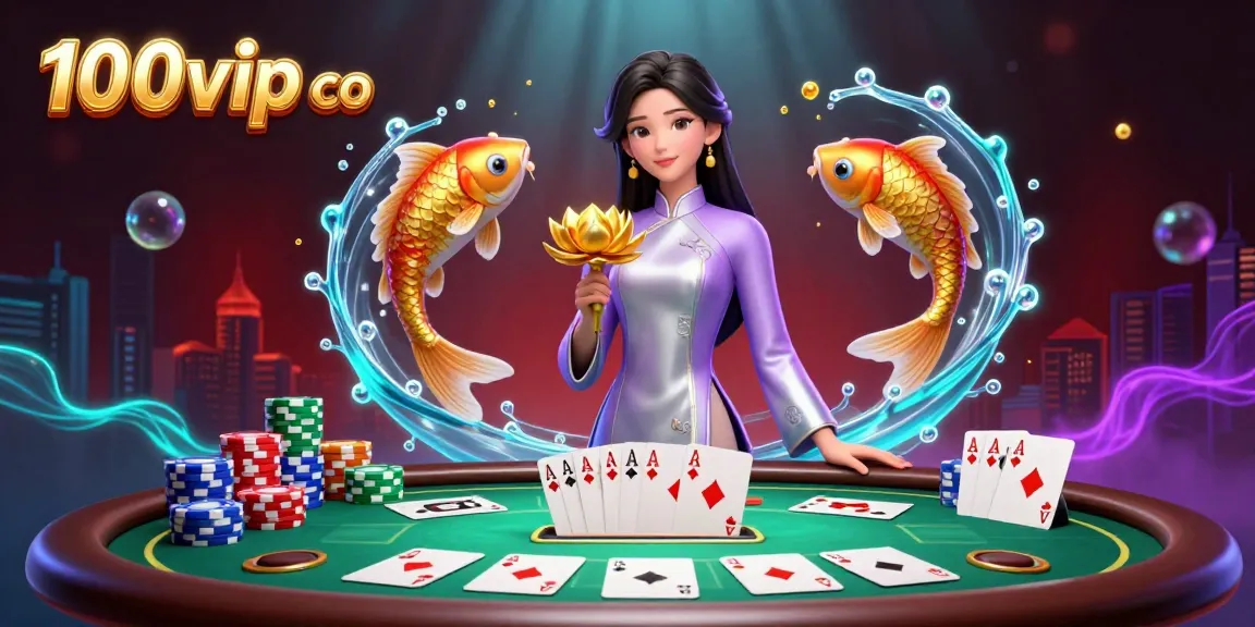 Experience thrilling action at 100vip co with a vibrant celebration of casino games, showcasing 3D characters and poker elements.