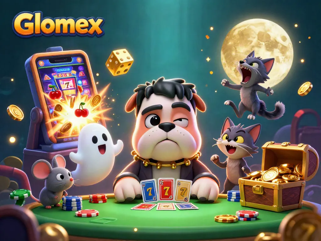 Glomex showcases an electrifying 3D casino scene with vibrant characters and jackpot symbols.