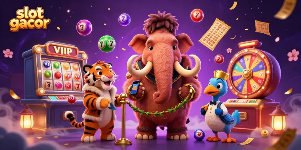 Experience the excitement of slot gacor with a vibrant casino scene featuring playful characters and dynamic gaming elements.