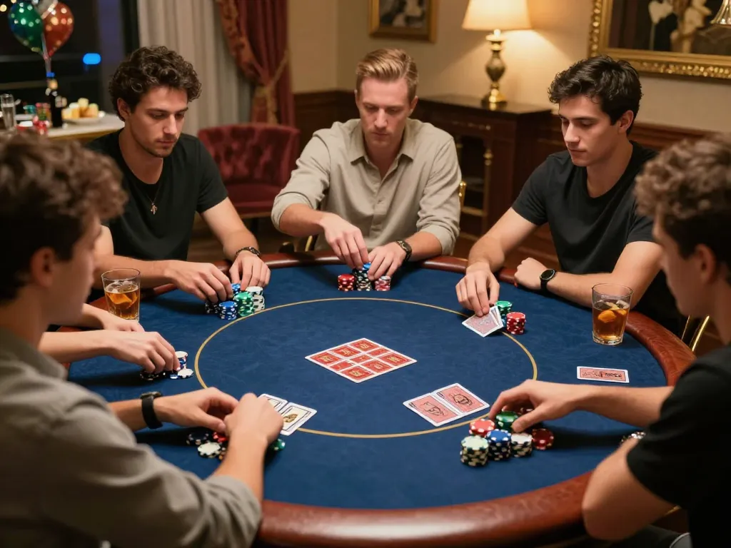 Friends engaged in an intense poker game, enjoying the thrill of ดูหนังออนไลน์ strategies in a cozy home setting.