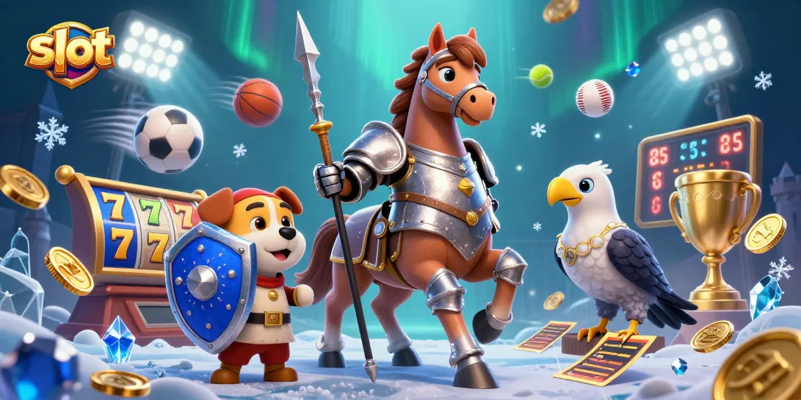 Menangkan slot dengan karakter kesatria, anjing squire, dan falcon dalam ilustrasi kasino.