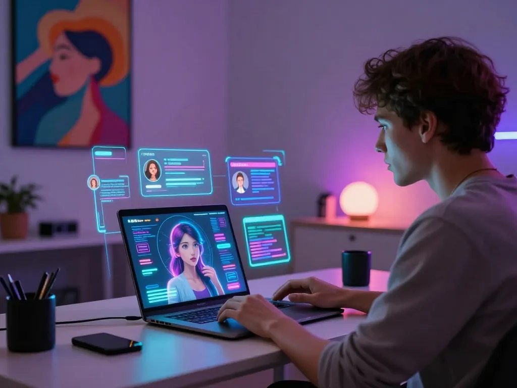 Engaging ai sex chat experience with a virtual AI companion in a modern digital setting.