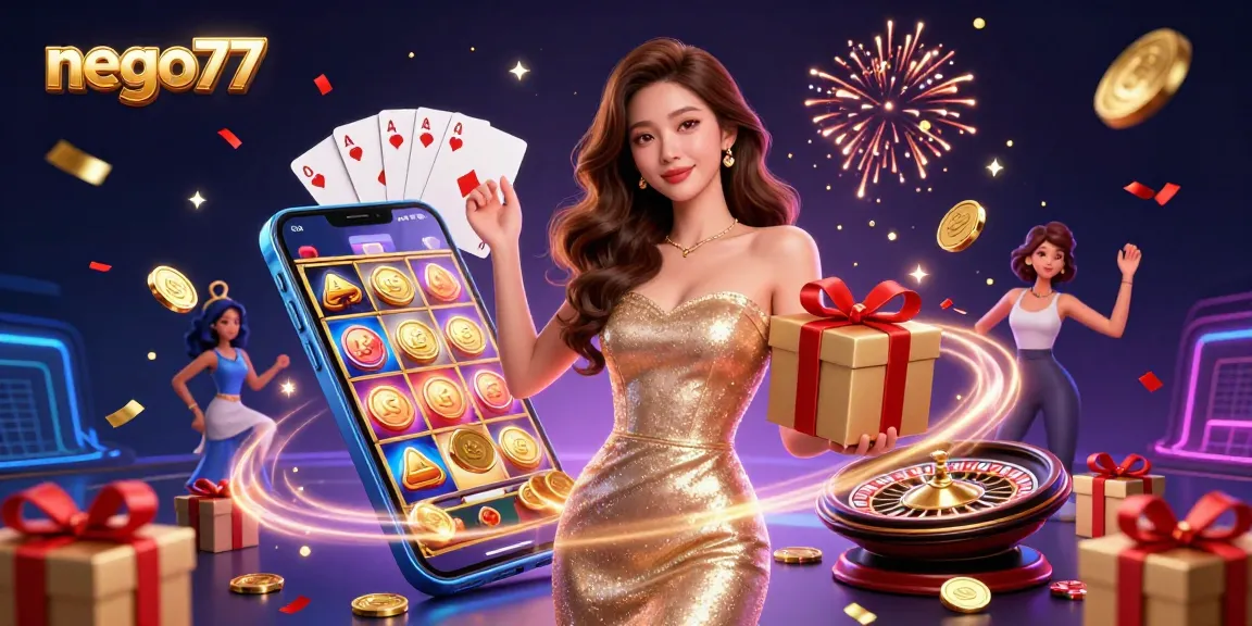 Engage with nego77's exciting casino atmosphere featuring a captivating Asian woman holding a gift box.