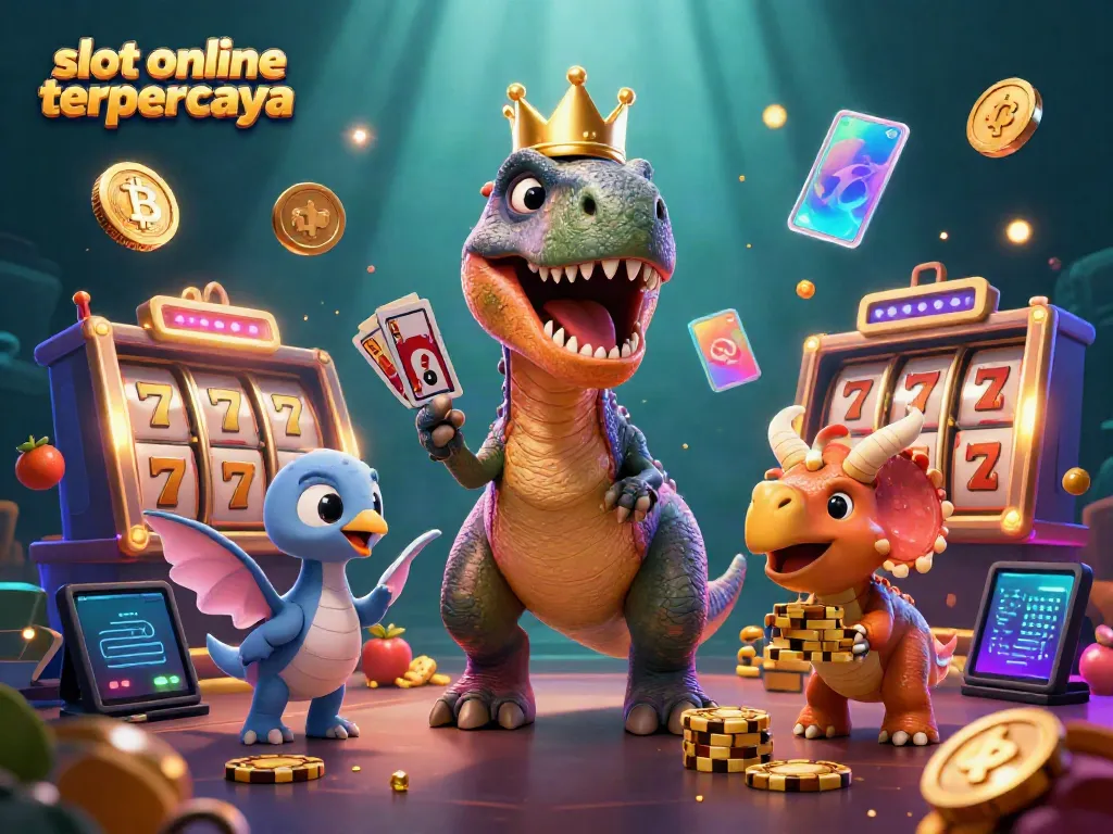 Karakter T-Rex lucu bermain slot online terpercaya sambil dibantu Pterodactyl dan Triceratops dengan chip emas.