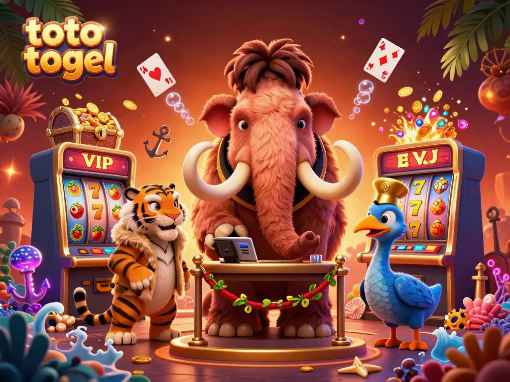 Experience the thrill of toto togel with a vibrant 3D casino scene featuring unique characters and stunning game elements.