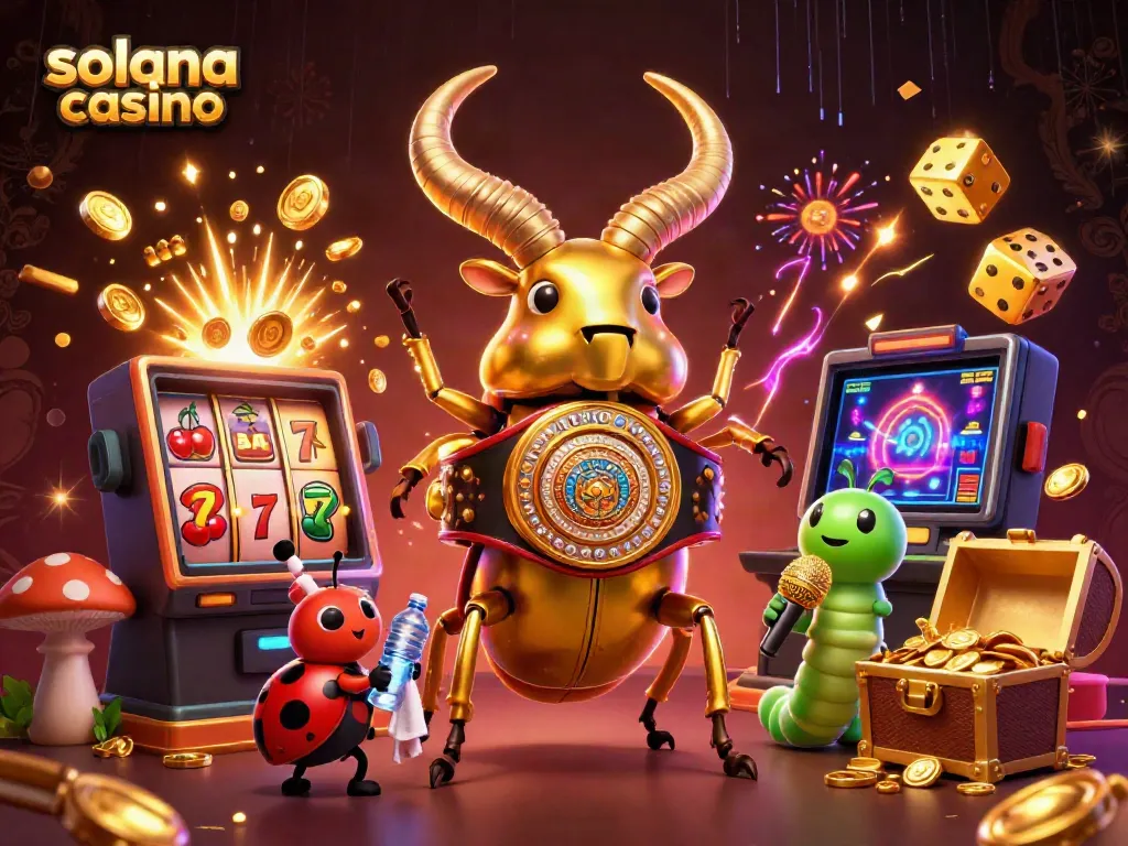 Exciting game scene at a solana casino showcasing a golden stag beetle and vibrant slot machine action.