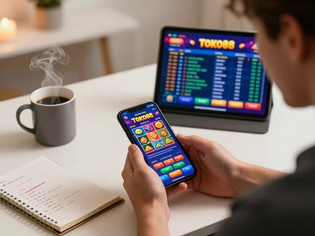 Pemain yang terlibat menjelajahi aplikasi Tokyo88 di smartphone untuk permainan slot online.