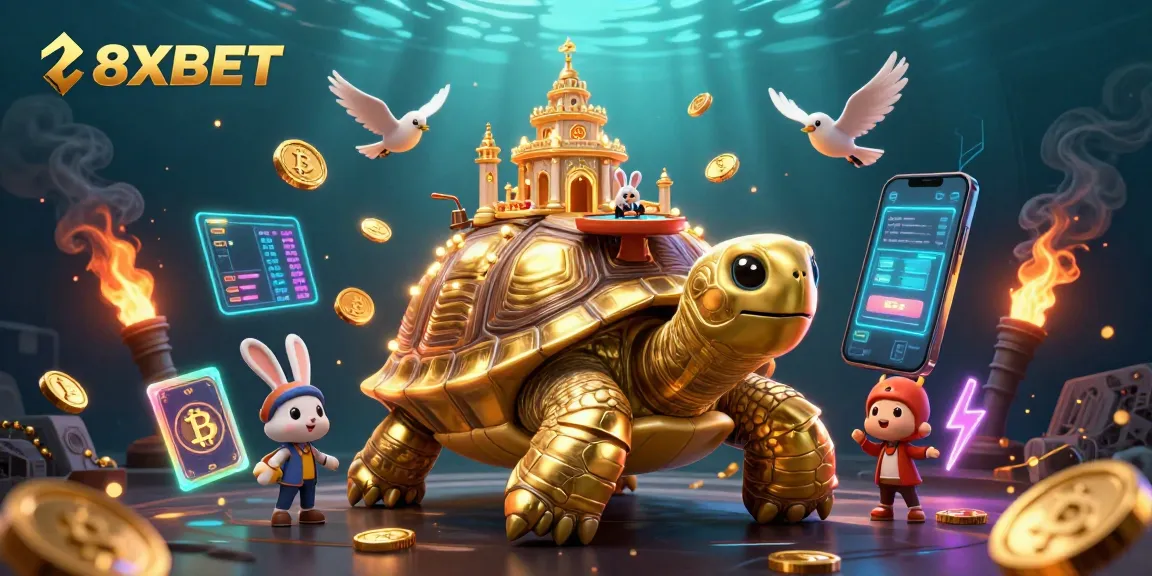 Play with 8XBET in a vibrant casino environment showcasing golden tortoise and rabbit dealer.
