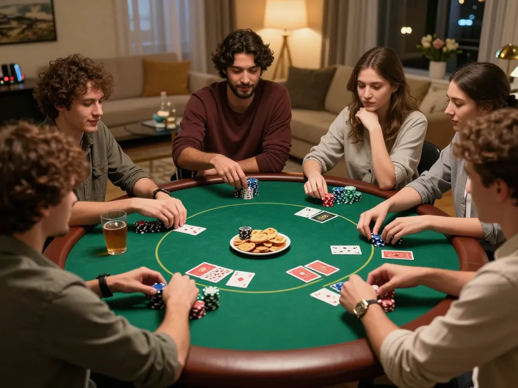 Friends enjoying an engaging poker night at home, embodying the KJC entertainment spirit.