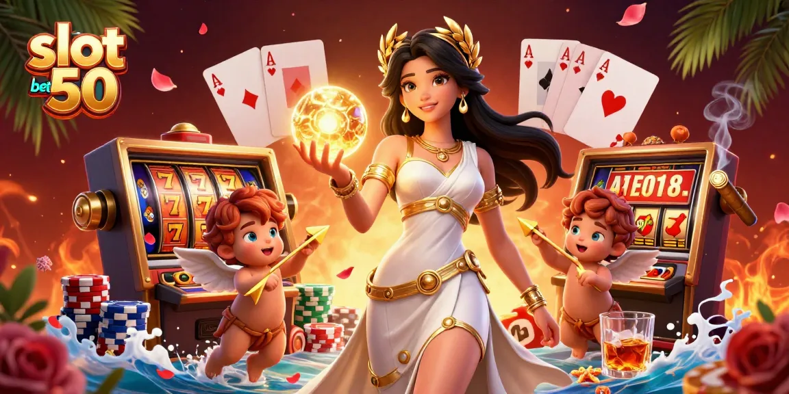 Experience the thrill of slot bet 50 with vibrant 3D illustrations of lucky reels and festive characters.