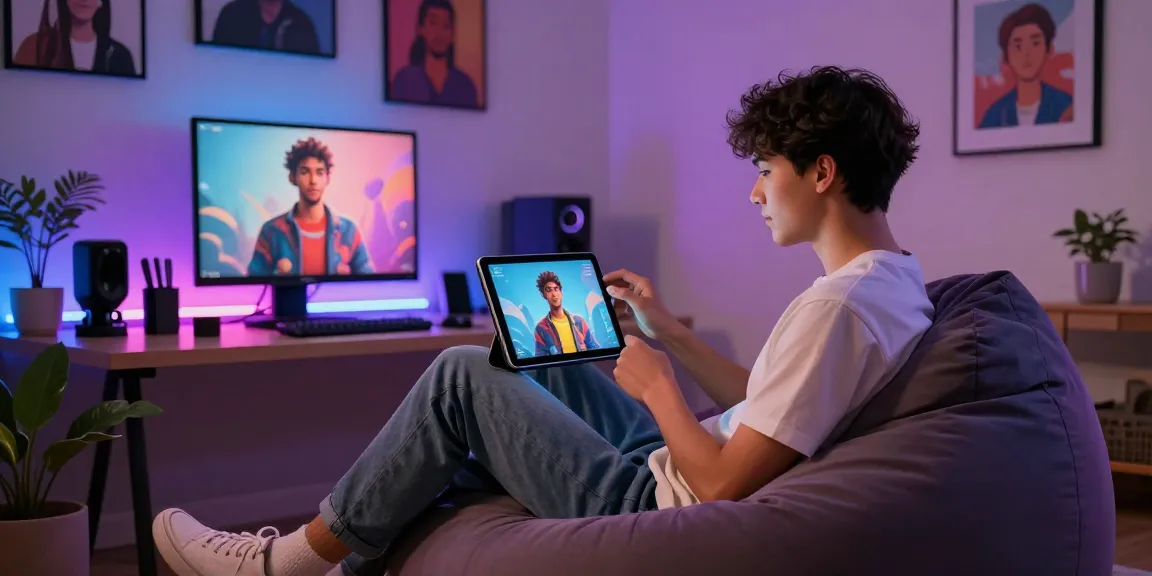 User interacting with dynamic NSFW AI companion on a tablet in a cozy room, showcasing customizable features and modern decor.