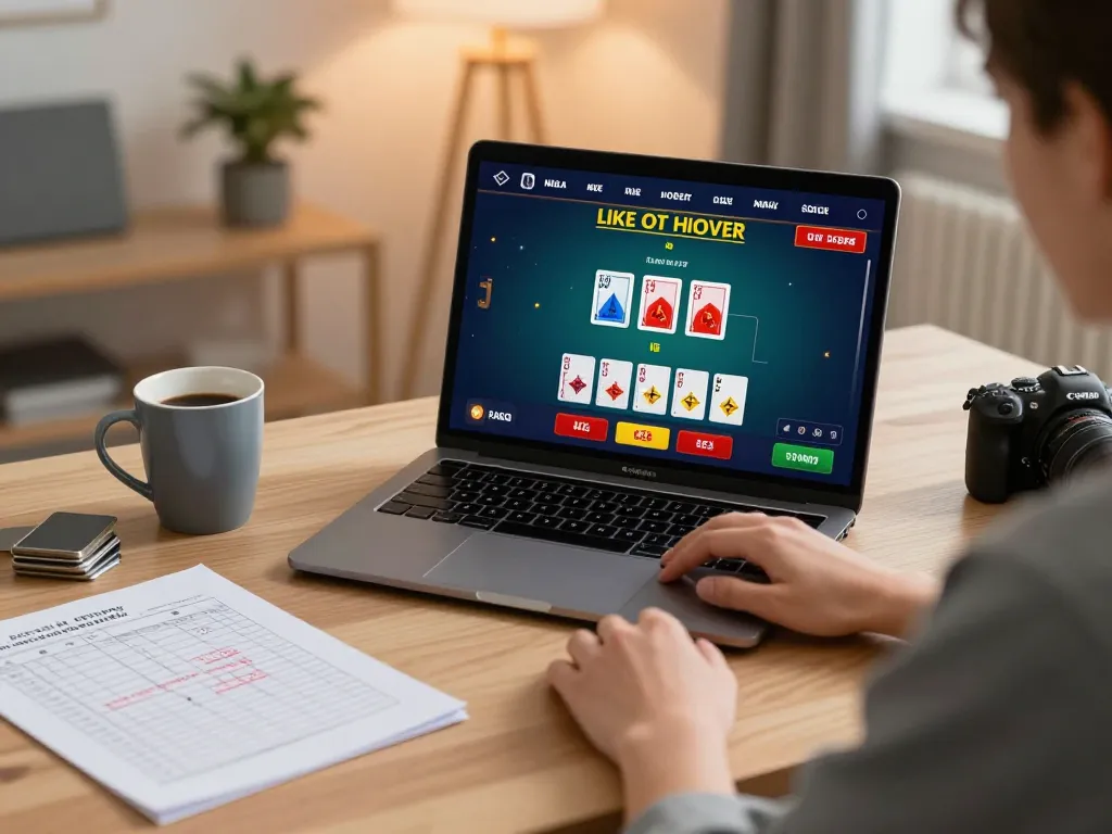 Engaging online blackjack gaming session at home with UGDEWA strategy notes in view.
