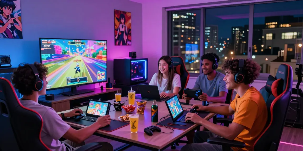 Friends playing hentai games in a vibrant gaming room filled with snacks and modern decor