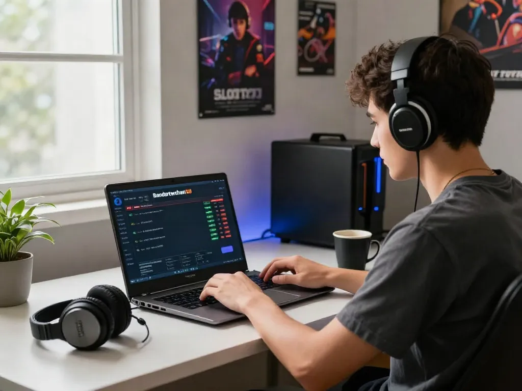 Youthful gamer focused on SLOT TOTO gameplay on a laptop in a modern gaming space, showcasing the engaging and energetic atmosphere.