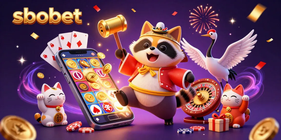 SBOBET's cheerful tanuki character celebrating gambling wins alongside vibrant game elements in a festive atmosphere.