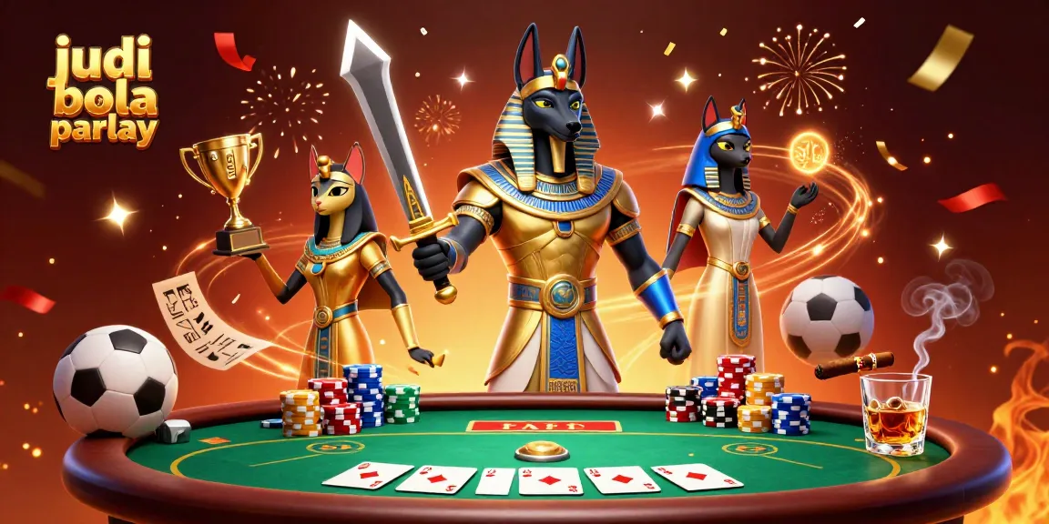 Engage in judi bola parlay with Anubis and Bastet amidst vibrant casino elements and sports betting features.