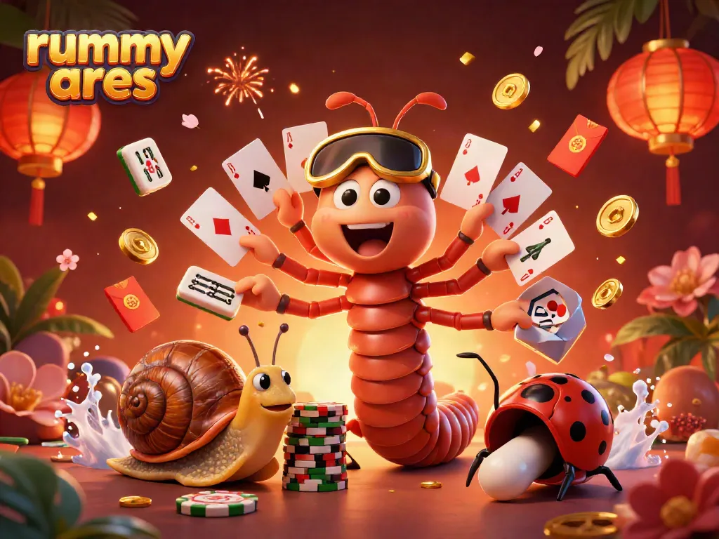 Experience the vibrant world of Rummy Ares with a cartoon dealer, chip stacks, and festive gaming elements.