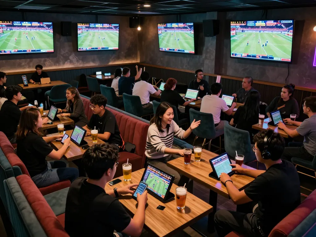 Patrons engaging in online sports betting at OKFUN while watching live matches on multiple screens.