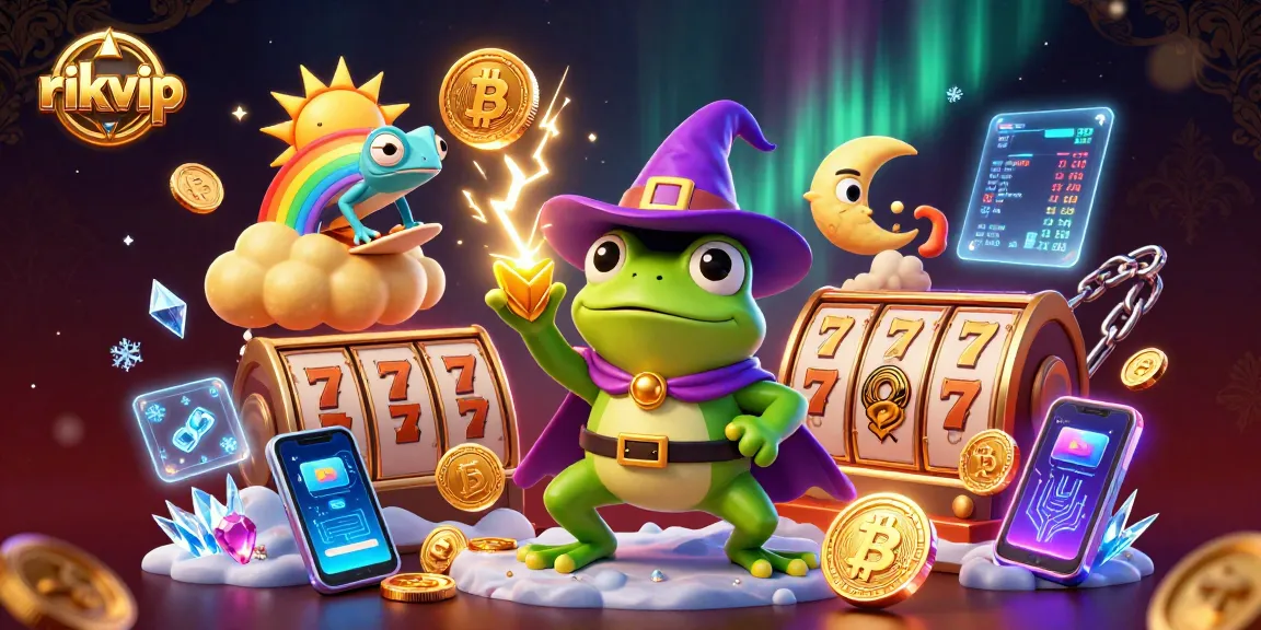 Experience an exciting gameplay with rikvip, showcasing a vibrant cartoon scene filled with gold coins, slot reels, and playful characters.